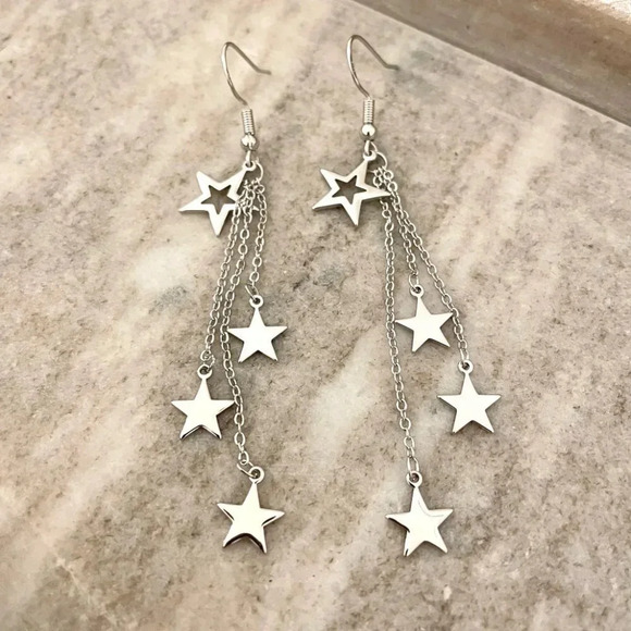 925 Sterling Silver Star Dangle Earrings Long Star Tassel Chain Drop Earrings - Picture 2 of 4